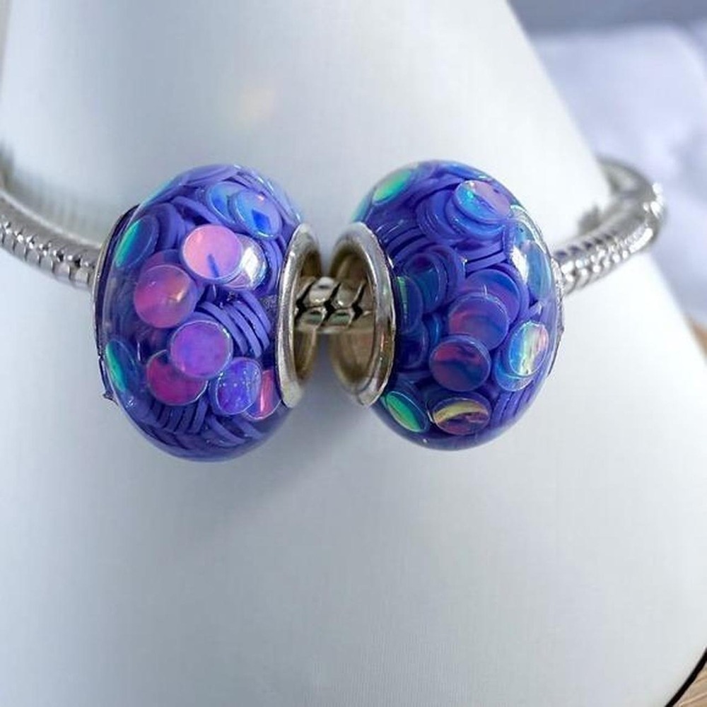 Purple Iridescent Confetti Silver Bead Charm Fits Snake Chain Bracelet - Picture 3 of 6